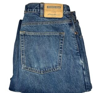 Eddie Bauer Men's Relaxed Fit Red Plaid Flannel Lined Blue Denim Jeans W35 L34‎